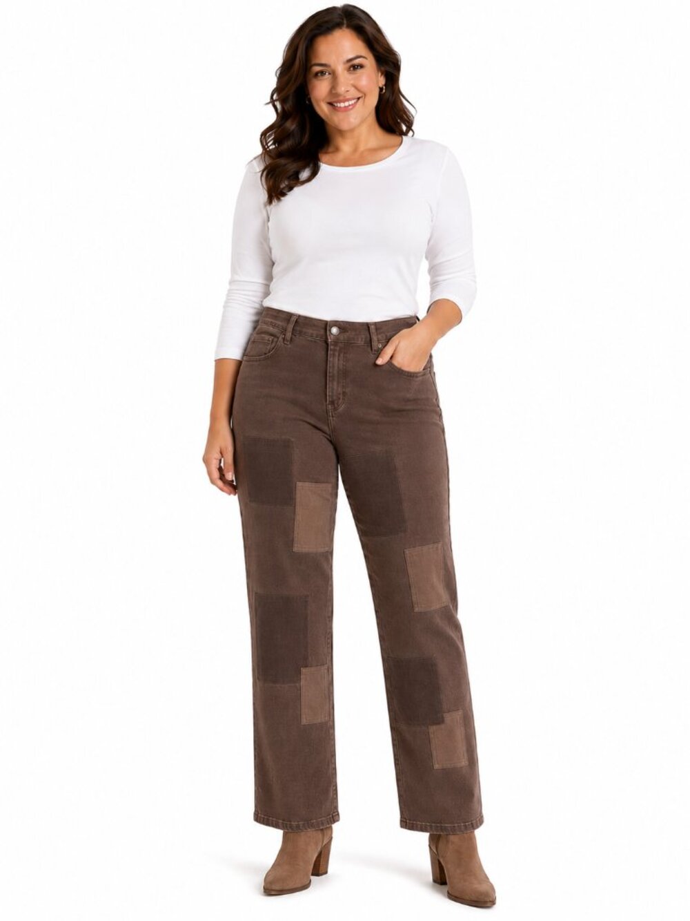 DG2 Diane Gilman Petite Classic Stretch Patchwork Tamarind Brown Denim Jeans
